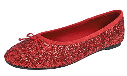 Feversole Round Glitter Ballerina, Damen Klassische Ballerinas Profilsohle Glänzende Ballerina Flach Glänzende Rot 36 von Feversole