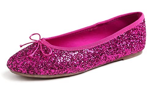 Feversole Round Glitter Ballerina, Damen Klassische Ballerinas Profilsohle Glänzende Ballerina Flach Glänzende Heißes Fuchsia 39 von Feversole