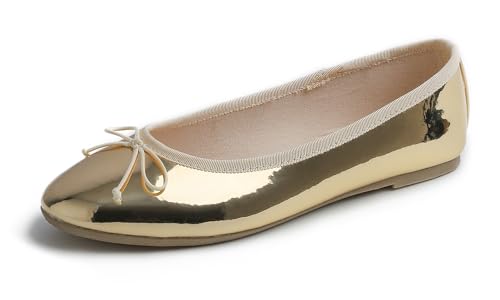 Feversole Damen Klasssische Ballerinas Lack Balerinaschuhe Flach Damenschuhe Gold spiegeln 38 EU von Feversole