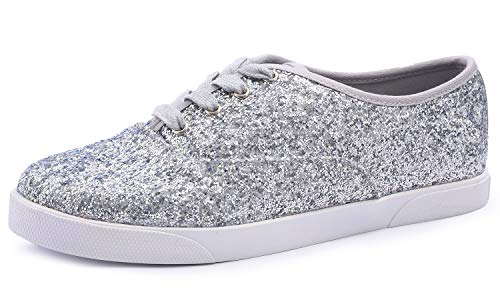 Feversole Damen Mode Kleid Sneakers Party Bling Casual Flats Embellished Shoes, Silber 36 EU von Feversole