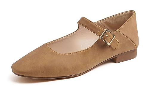 Feversole Damen Weiches Kissen Extra Gepolstert Komfort Quadratischer Zehe Mary Jane Metallschnalle Mode Ballerinas Wanderschuhe, Camel Nubuck Mary Jane,40 von Feversole