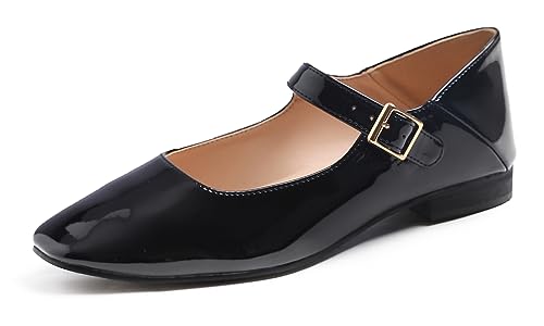 Feversole Damen Weiches Kissen Extra Gepolstert Komfort Quadratischer Zehe Mary Jane Metallschnalle Mode Ballerinas Wanderschuhe, Schwarz Patent Mary Jane,36 von Feversole