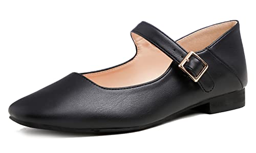 Feversole Damen Weiches Kissen Extra Gepolstert Komfort Quadratischer Zehe Mary Jane Metallschnalle Mode Ballerinas Wanderschuhe, Schwarze Mary Jane,37 von Feversole