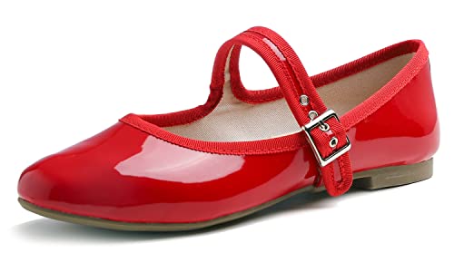 Feversole Damen Weiches Kissen Extra Gepolstert Komfort Runde Zehe Mary Jane Metallschnalle Mode Ballerinas Wanderschuhe, Rot Leinwand Mary Jane 40 von Feversole