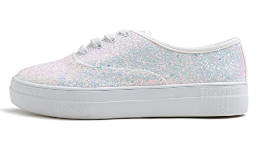 Feversole Glitter Sneaker, Sneaker Damen Schuhe Sportschuhe Tennis Fitness Leichte Atmungsaktiv Straßenlaufschuhe Schlüpfen Schuhe Freizeitschuhe für Damen Weiß Glitzer Sneaker 38 von Feversole