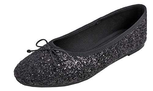 Feversole Round Glitter Ballerina, Damen Klassische Ballerinas Profilsohle Glänzende Ballerina Flach Glänzende Schwarz 36 von Feversole