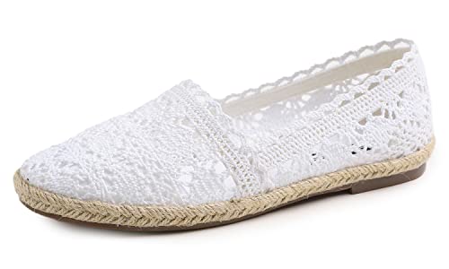 Feversole Round Toe Crochet Jute Balle, Ballett-Häkelflatschen Bequeme und atmungsaktive Schuhe für Frauen Weiß Stricken Häkeln Jute Größe 39 EU von Feversole