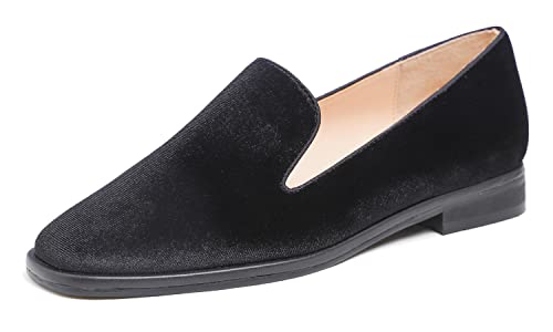 Feversole Women's Casual Comfy Trim Loafer Flat,Klassisch Mokassin Penny Loafer Damen Slipper Anzugschuhe Schuhe Plain Welt weicher schwarzer Samt 37 EU von Feversole