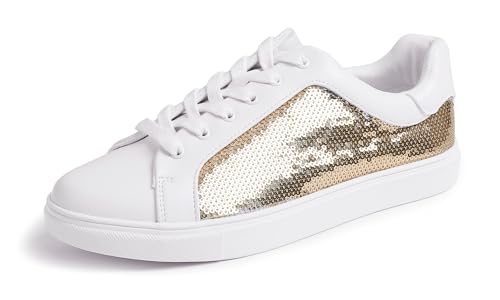 Feversole Women's Fashion Sparkle Sequin Lace Up,Damen Sneaker Atmungsaktiv Turnschuhe Leicht Laufschuhe Sportschuhe Freizeitschuhe Paillette Gold 40 EU von Feversole