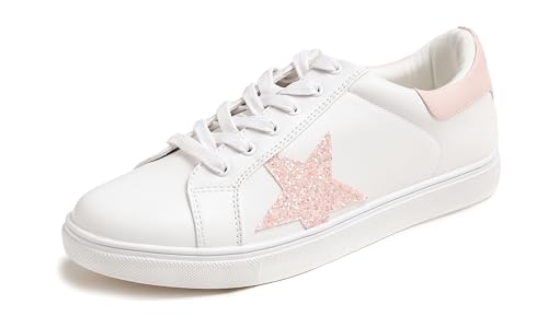 Feversole Women's Featured PU Leather Lace-Up Sneaker,Damen Sneaker Atmungsaktiv Turnschuhe Leicht Laufschuhe Sportschuhe Freizeitschuhe Klassisch Weißer Glitzer Rosa Stern EU41 von Feversole