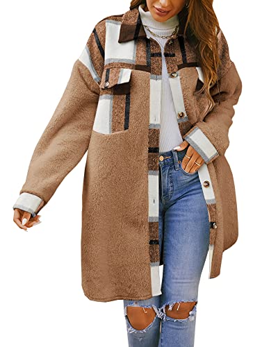 Feziakuk Damen Mantel Flanell Dufflecoat Lässiges Revers Kariert Jacke Warme Mittellange Wollmantel Herbst Winter Einreihiger Kaschmirmantel Frauen Wintermantel, Braun M von Feziakuk