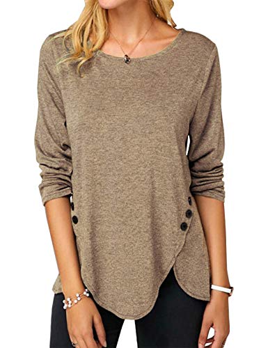 Feziakuk Damen Tunika Einfarbig Blusenshirt Rundkragen Langarmshirt Oberteile Top mit Seitliche Knöpfe, Kaffeefarbe XL von Feziakuk