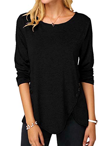 Feziakuk Damen Tunika Einfarbig Blusenshirt Rundkragen Langarmshirt Oberteile Top mit Seitliche Knöpfe, Schwarz M von Feziakuk