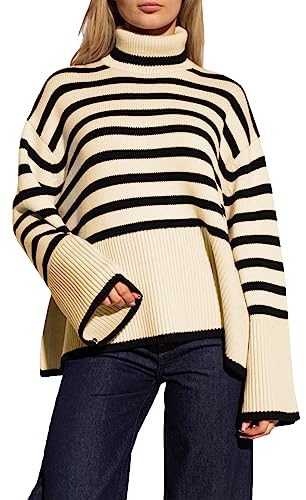 Feziakuk Rollkragenpullover Damen Gestreift Strickpullover Grobstrick Oversize Winterpullover Warm Vintage Lässige Strickpulli Pullover mit Seitenschlitz, Beige S von Feziakuk