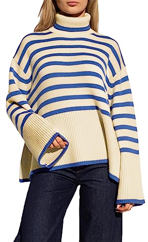 Feziakuk Rollkragenpullover Damen Gestreift Strickpullover Grobstrick Oversize Winterpullover Warm Vintage Lässige Strickpulli Pullover mit Seitenschlitz, Blau M von Feziakuk