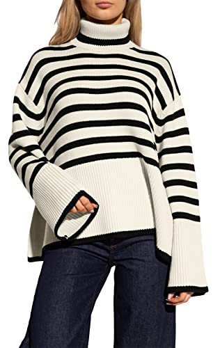 Feziakuk Rollkragenpullover Damen Gestreift Strickpullover Grobstrick Oversize Winterpullover Warm Vintage Lässige Strickpulli Pullover mit Seitenschlitz, Weiß M von Feziakuk