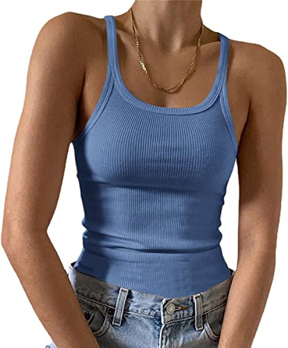 Feziakuk Spaghetti Top Damen Sexy Ärmellos Unterhemd Gerippte Tank Top Basic Einfarbig Camisole Sommer Oberteile, Hellblau M von Feziakuk