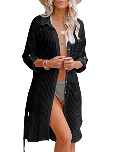 Feziakuk Strandkleid Damen Sommer Langer Strandtunika Bikini Cover Up, Button Down Musselin Bluse Strand Cardigan Mit Gürtel für Urlaub, Pool und Alltag, Schwarz XL von Feziakuk