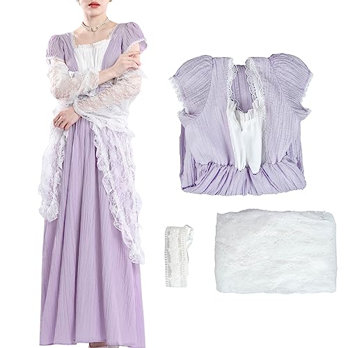 Fiamll Damen Regency Kleid Empire Taille Viktorianisches Regency Ära Kleid Jane Austen Tea Party Violett Ballkleid mit Spitzenschal XXL von Fiamll