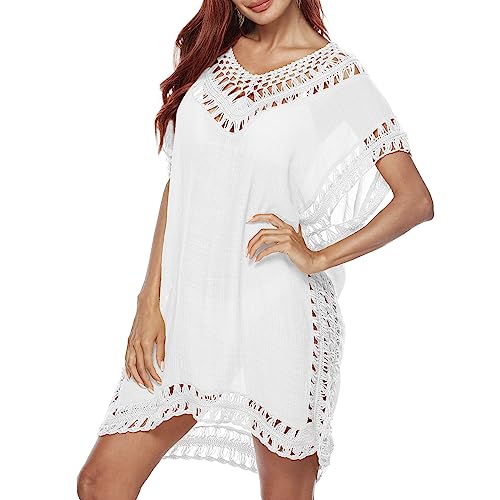 Figarge Bikini Cover Up Strandkleid Damen Sommer Strandponcho V-Ausschnitt Beachwear Strandkleider Damen Cover Up Strandkleid (Weiß) von Figarge