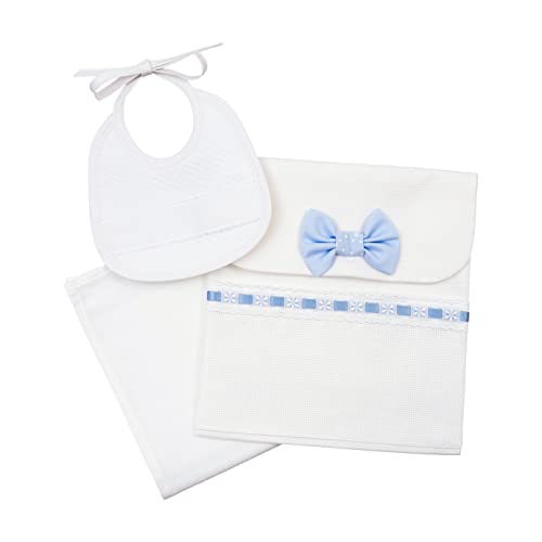 Filet - Trageset, Bestehend aus einer Tasche mit Aida-Einsatz, Waschlappen und Lätzchen zum Besticken, Geschenkidee für werdende Eltern, 100% Baumwolle, Made in Italy, Weiß und Hellblau Filet - Trageset, Bestehend aus einer Tasche mit Aida-Einsatz, Waschlappen und Lätzchen zum Besticken, Geschenkidee für werdende Eltern, 100% Baumwolle, Made in Italy, Weiß und Hellblau von Filet