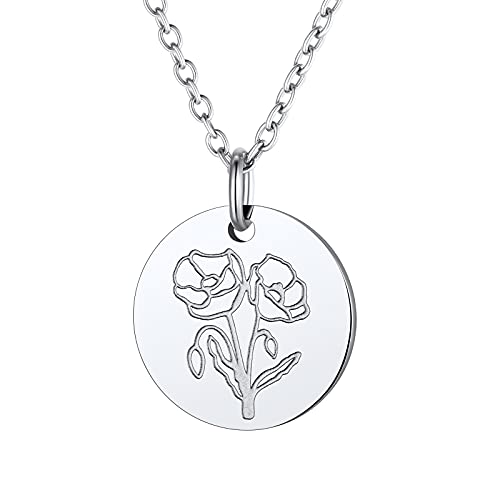 FindChic Geburtsblumen August Kette für Damen Edelstahl Klatschmohn Münze Anhänger Geburtsmonat Halskette Verstellbare Länge 45+5cm Silber Geschenk für Mädchen von FindChic