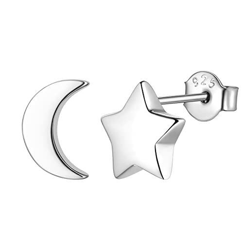 FindChic Ohrringe 925 Silber Damen Asymmetrische Mond Stern Ohrstecker Klein Minimalistisch Piercing Ohrschmuck für Kinder Mädchen von FindChic