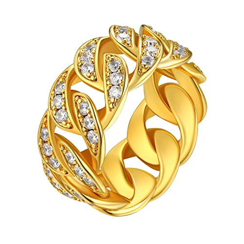 FindChic Panzerkette Ring Damen Herren Bandring Punk Kubanisher Kettenring aus Kupfer 10mm breit Chain Rings mit Cubic Zirkonia in Gold 65 von FindChic