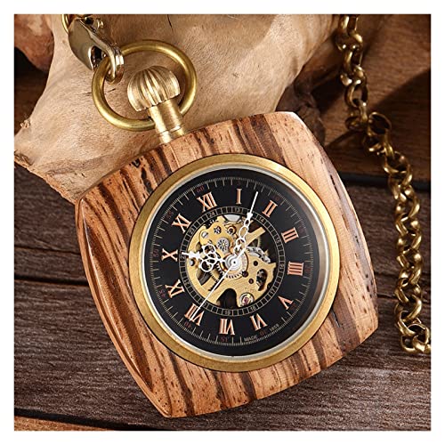 Einzigartige quadratische mechanische Taschenuhr aus Holz für Herren und Damen, exquisites geschnitztes Design, Steampunk-Skelett, kleine Taschenuhr mit Ring und Kette von Finoti