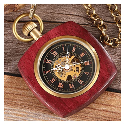 Einzigartige quadratische mechanische Taschenuhr aus Holz für Herren und Damen, exquisites geschnitztes Design, Steampunk-Skelett, kleine Taschenuhr mit Ring und Kette von Finoti