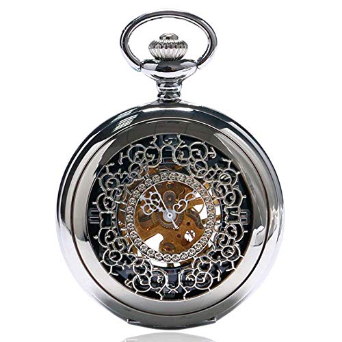 Taschenuhr, modisch, silberfarben, Stahl, Steampunk, mechanisch, für Herren und Damen, Halskette, Uhr, Geschenk, Vintage, Hohle Taschenuhr von Finoti