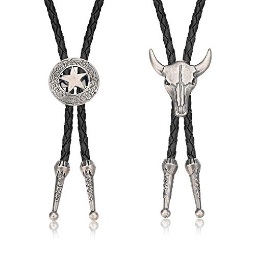 Finrezio 2 Stücke Bolotie für Männer Frauen Unisex Halskette Leder Kette Western Cowboy Lange Anhänger Halskette Bolo Tie Silbrig von Finrezio