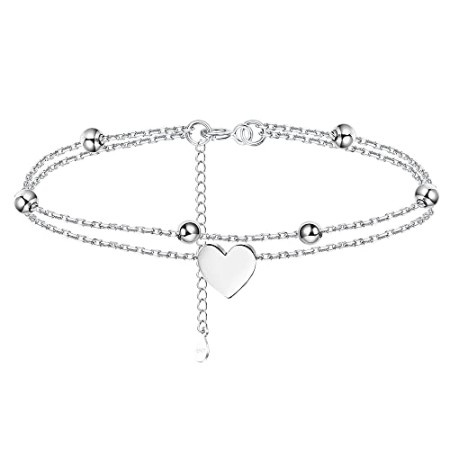 Finrezio 925 Sterling Silver Layered Ankle Bracelet for Women Butterfly Heart Beaded Chain Anklet Adjustable Double Layer Beach Foot Jewelry Summer Anklet von Finrezio