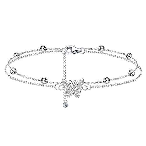 Finrezio 925 Sterling Silver Layered Ankle Bracelet for Women Butterfly Heart Beaded Chain Anklet Adjustable Double Layer Beach Foot Jewelry Summer Anklet von Finrezio