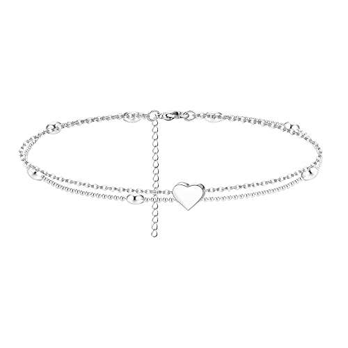 Finrezio Fußkettchen Damen 925 Sterling Silber Mit Zarter Herzförmiger Perlenkette Verstellbarer Knöchel Armband Sommer Doppellagiger Fusskettchen für Frauen von Finrezio