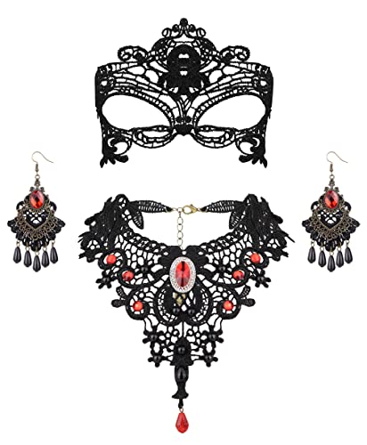 Finrezio Gothic Schmuck Set Halloween Schwarz Spitze Halskette und Ohrringe Set für Damen Gothic Rot Anhänger Spitze Choker Halloween Schmuck Set für Halloween-Kostüm Cosplay von Finrezio