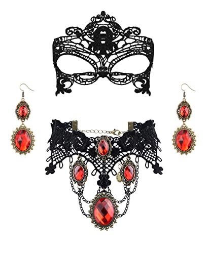 Finrezio Gothic Schmuck Set Halloween Schwarz Spitze Halskette und Ohrringe Set für Damen Gothic Rot Anhänger Spitze Choker Halloween Schmuck Set für Halloween-Kostüm Cosplay von Finrezio