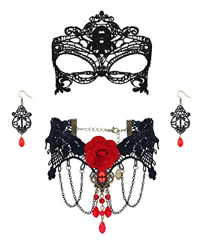 Finrezio Gothic Schmuck Set Halloween Schwarz Spitze Halskette und Ohrringe Set für Damen Gothic Rot Anhänger Spitze Choker Halloween Schmuck Set für Halloween-Kostüm Cosplay von Finrezio