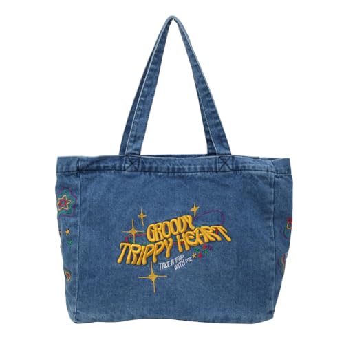 Fiorky Bestickte modische Handtasche, lässiger Reise-Shopper, Retro-Hobo-Tasche, Denim-Umhängetasche, große Kapazität for Damen und Mädchen (blau) von Fiorky