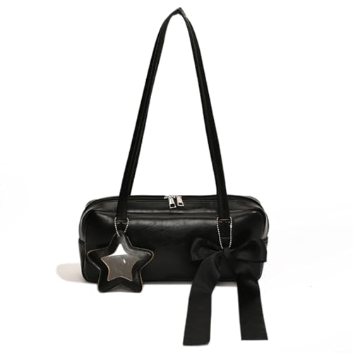 Fiorky Damen-Freizeit-Achselhandtasche mit Stern-Anhänger, modische Schultertasche, einfarbige Schleife, Unterarm-Handtasche, Mädchen-Outdoor-Tagestasche (schwarz) von Fiorky