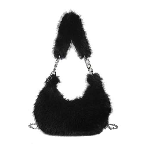 Fiorky Damen-Fuzzy-Achseltasche mit Reißverschluss und Kette, Umhängetasche, vielseitige Umhängetasche mit Kette, weiche Umhängetasche for Mädchen (schwarz) von Fiorky