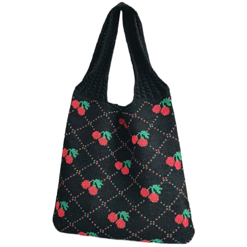 Fiorky Damen-Handtasche, gehäkelt, mit Kirschmuster, zum Stricken, Umhängetasche, großes Fassungsvermögen, for Reisen, Einkaufen, Handtasche, for Damen, Urlaubstasche (schwarz) von Fiorky