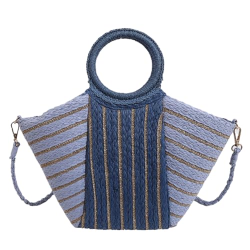 Fiorky Damen-Handtasche, gestreift, große Kapazität, gehäkelte Umhängetasche, abnehmbarer Riemen, gestreifte Strohhandtasche, Damen-Sommer-Tagestasche (Hellblau) von Fiorky