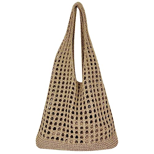 Fiorky Damen-Handtasche mit Fischernetz, ausgehöhlt, lässige Handtasche, einfarbig, große Kapazität, weiche Sommer-Strand-Einkaufstasche (Khaki) von Fiorky