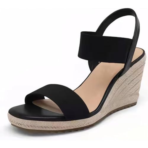 Fiorky Damen-Sandalen mit Keilabsatz, elegante Plateau-Sandalen, rutschfeste Slip-On-Sandalen, bequeme, elastische Knöchelriemen-Sandalen for den Sommerstrand (Schwarz 38) von Fiorky