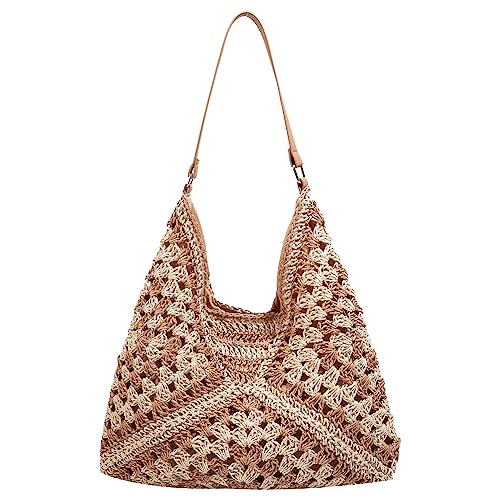 Fiorky Damen-Strandtasche, extra groß, aus gewebtem Stroh, zum Schwimmen, Strandtasche, modische Umhängetasche, solide ausgehöhlte Shopper-Tasche, Henkeltasche (Khaki) von Fiorky