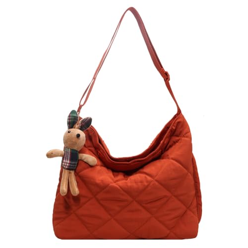 Fiorky Damen-Tragetasche, gesteppt, mit Anhänger, bauschige Umhängetasche, großes Fassungsvermögen, gepolsterte Umhängetasche, Messenger-Tasche, tägliche Dating-Tasche (Orange) von Fiorky