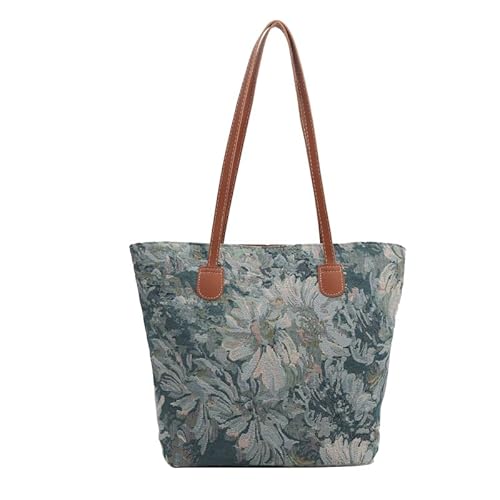 Fiorky Damen-Tragetasche aus Segeltuch mit Blumenmuster, trendige Tragetasche, großes Fassungsvermögen, stilvolle Pendlertasche, passende Vintage-Einkaufstasche for Outdoor-Reisen (blau) von Fiorky