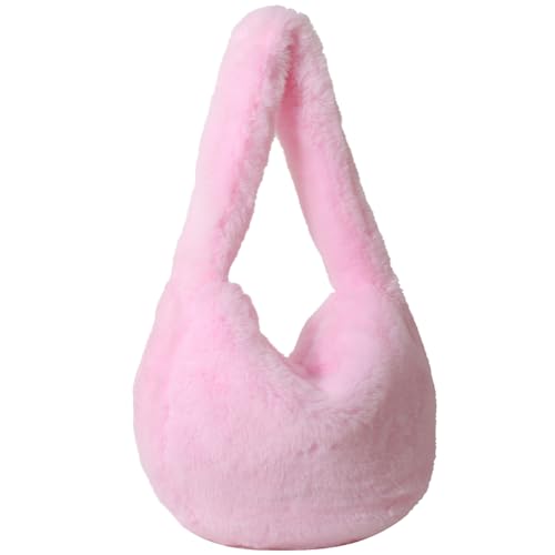 Fiorky Damen-Umhängetasche, flauschig, mit Reißverschluss, Kunstfell, Tragetasche, weiche Plüsch-Tragetasche, lässig, vielseitig, pelzige Umhängetasche (Rosa) von Fiorky