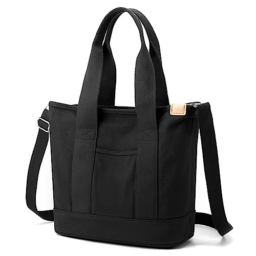 Fiorky Damen-Umhängetasche, großes Fassungsvermögen, Canvas-Handtasche, einfarbig, verstellbarer Riemen, mehrere Fächer, leichte Make-up-Kosmetiktasche (schwarz) von Fiorky